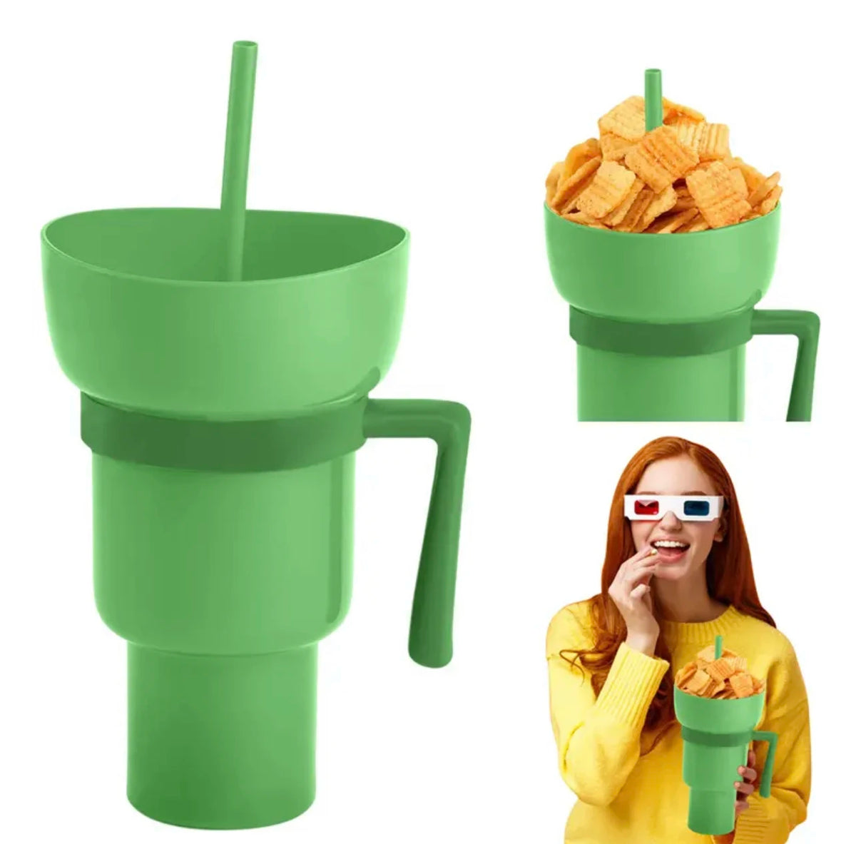 2-in-1 Popcorn Snack & Drink Cup with Handle | KEMORELA Snack Beverage Cup Axl Green 901-1000ml