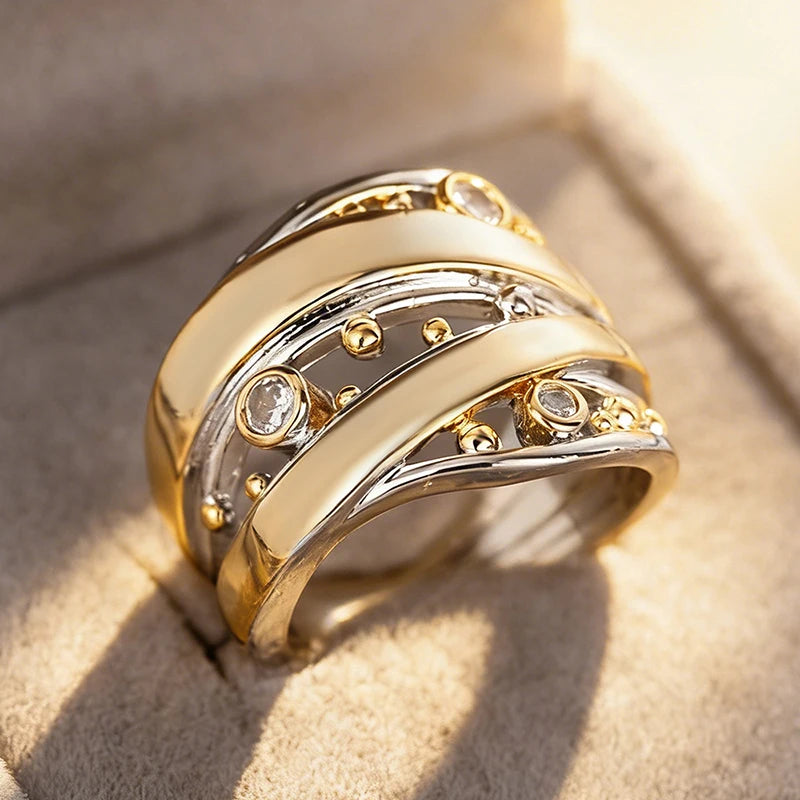 Huitan Two-Tone CZ Ring – Elegant Women's Fashion Band Fashion Ring Axl