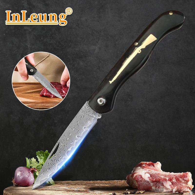 Damascus Steel Folding Knife – Wood Handle Kitchen & BBQ Knife Folding Pocket Knife Axl