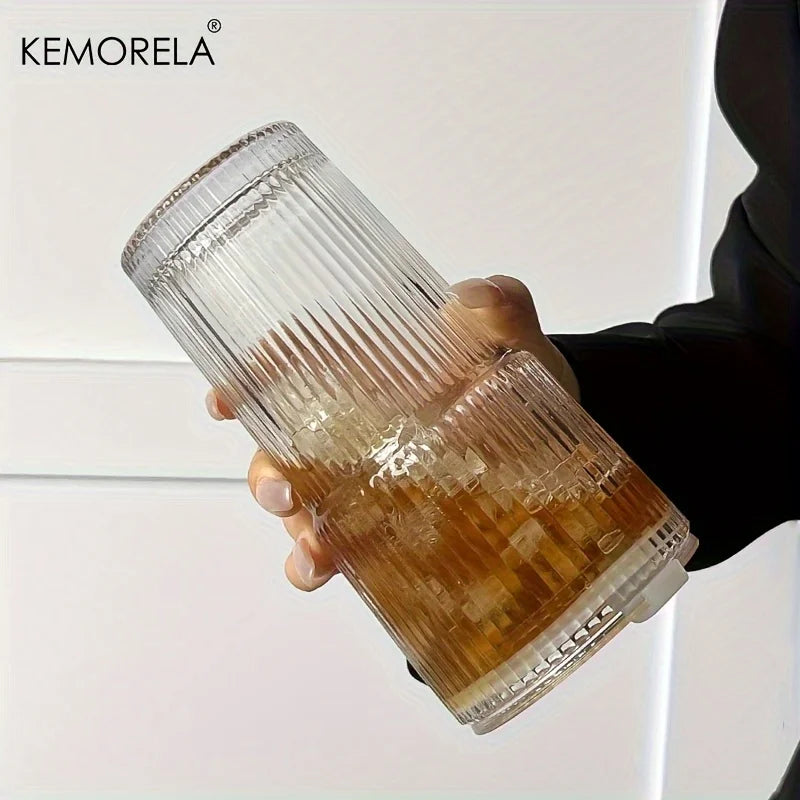 KEMORELA 600ml Striped Glass Cup with Lid & Straw | Iced Drinks Glass Drinking Cup Axl