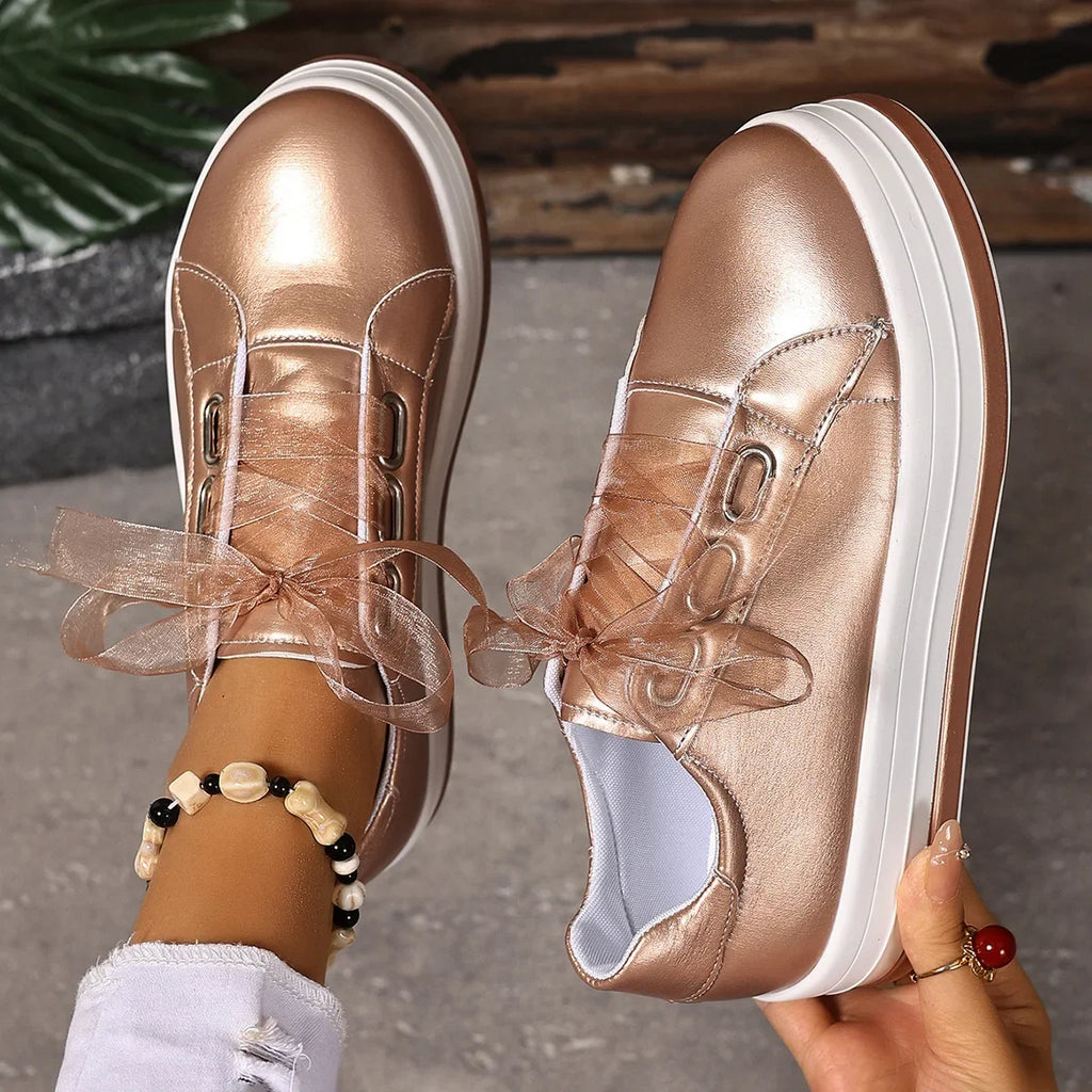 Women's Platform Sneakers – Lace-Up Casual Vulcanized Shoes Platform Sneakers Axl champagne 38
