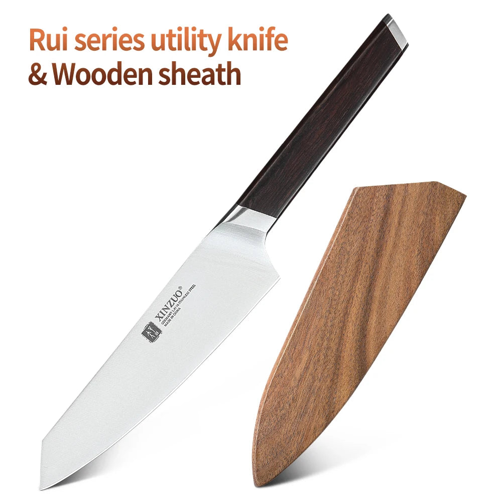 XINZUO 5" Utility Knife German Steel & Ebony Handle | RUI Utility Kitchen Knife Axl with Wooden sheath