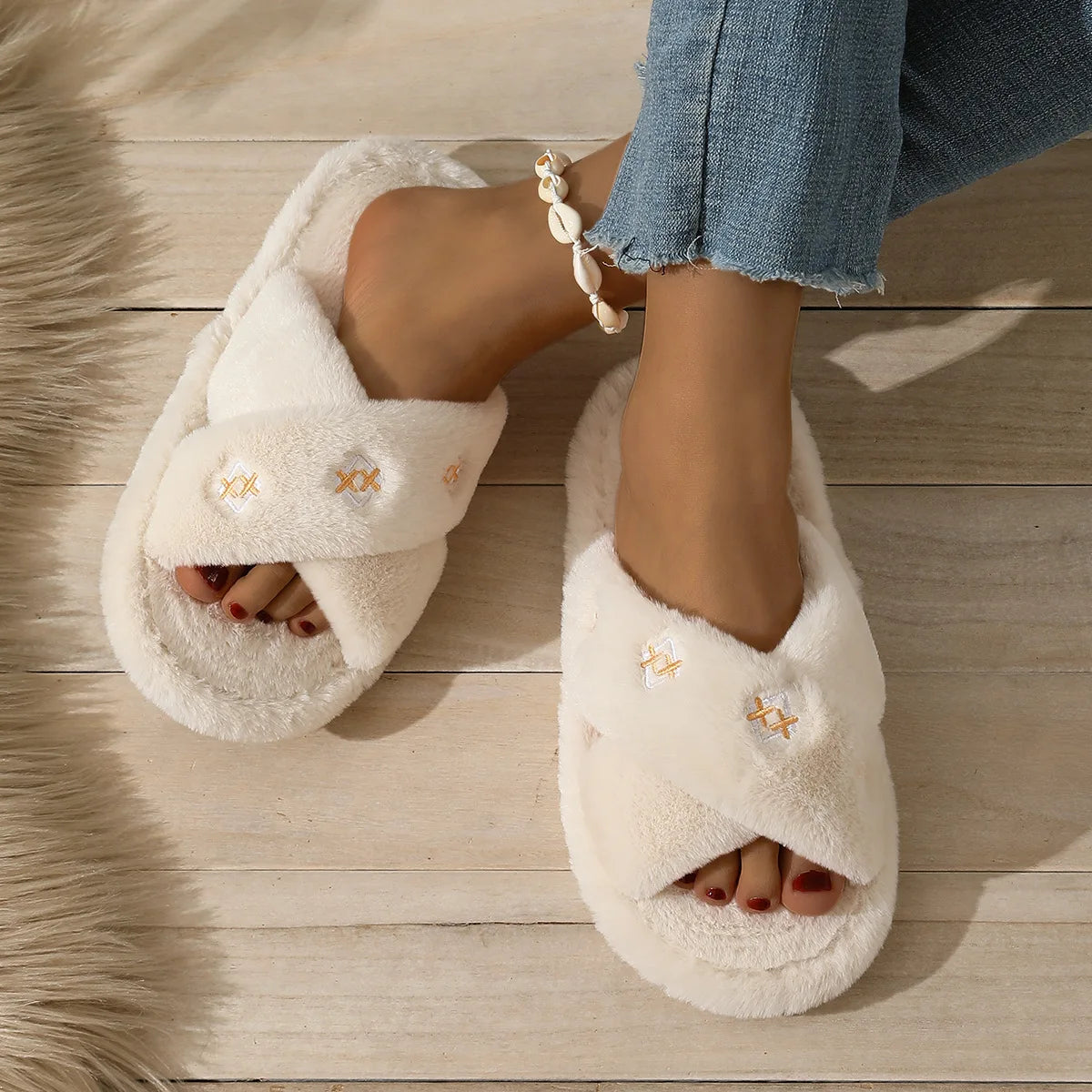 Women's Fluffy Fur Slippers – Embroidery Plush Cross Band Slides Plush Fur Slippers Axl