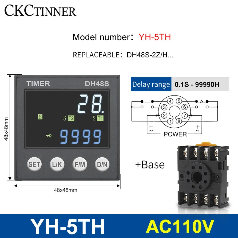 DH48S Programmable Time Delay Relay 24V/220V + Socket Base Programmable Time Relay Axl YH-5TH - 110VAC