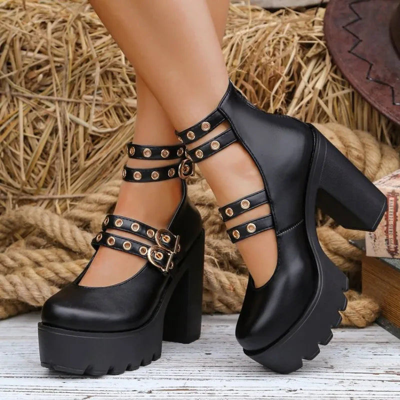 Women's Block Heel Platform Mary Jane Pumps – Buckle Strap Platform Heel Pumps Axl