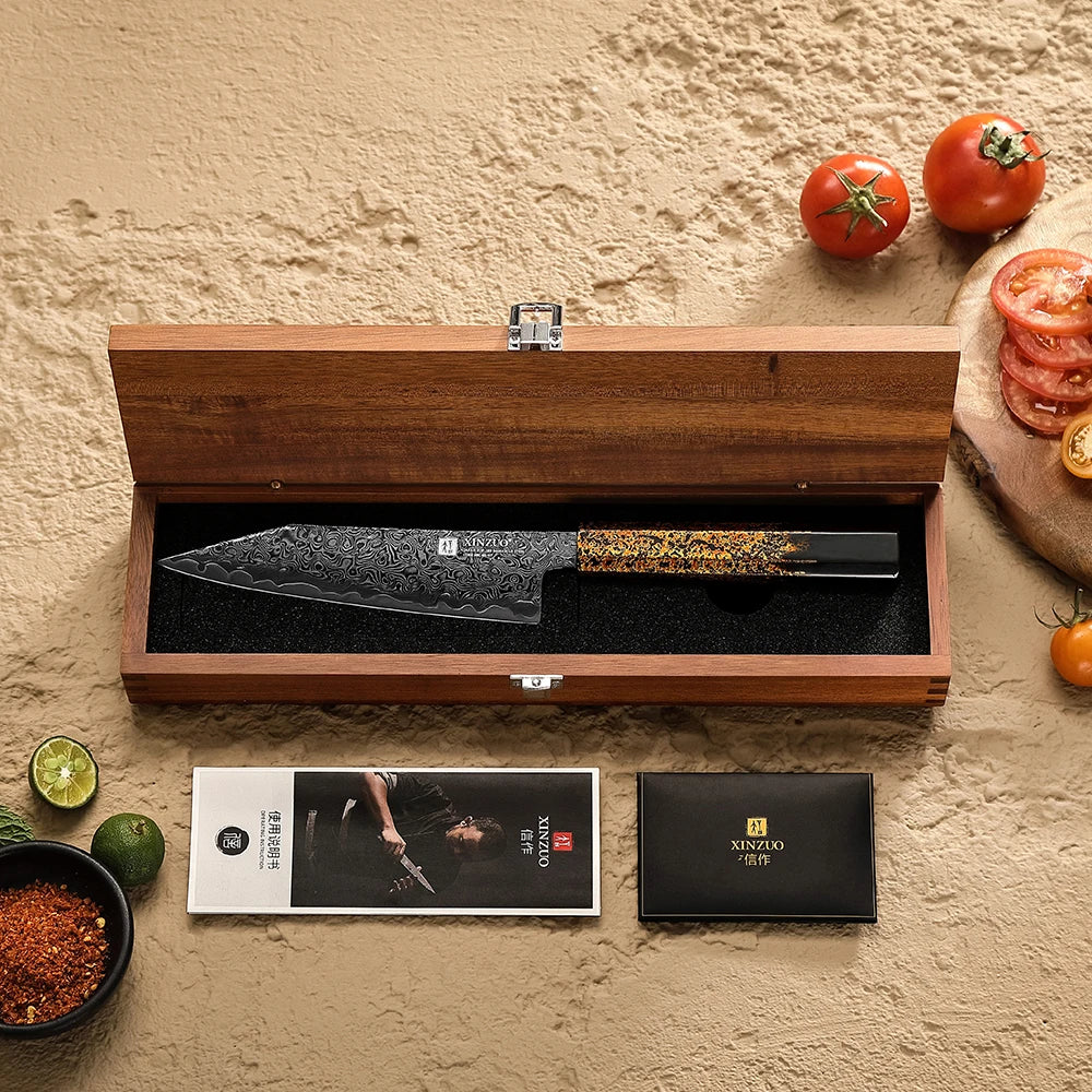 XINZUO 6" Mini Kiritsuke ZDP189 Damascus Knife – Ebony Handle Damascus Kitchen Knife Axl