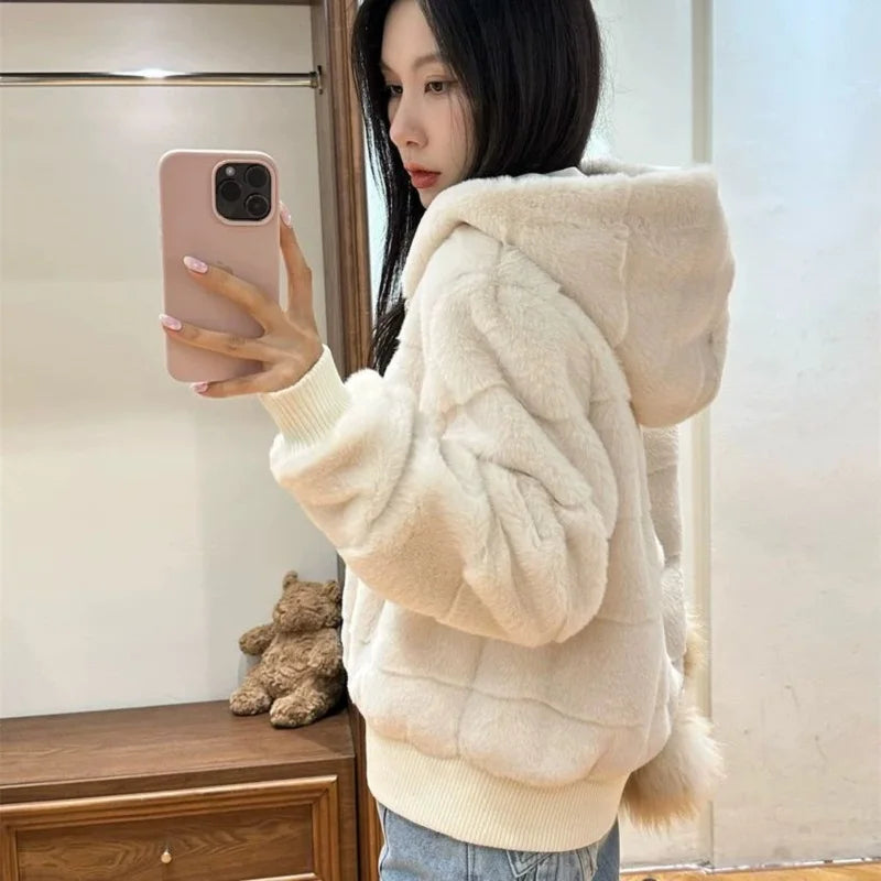 Women's Faux Mink Hoodie Jacket – Korean Style Winter Coat Women's Hoodie Jacket Axl