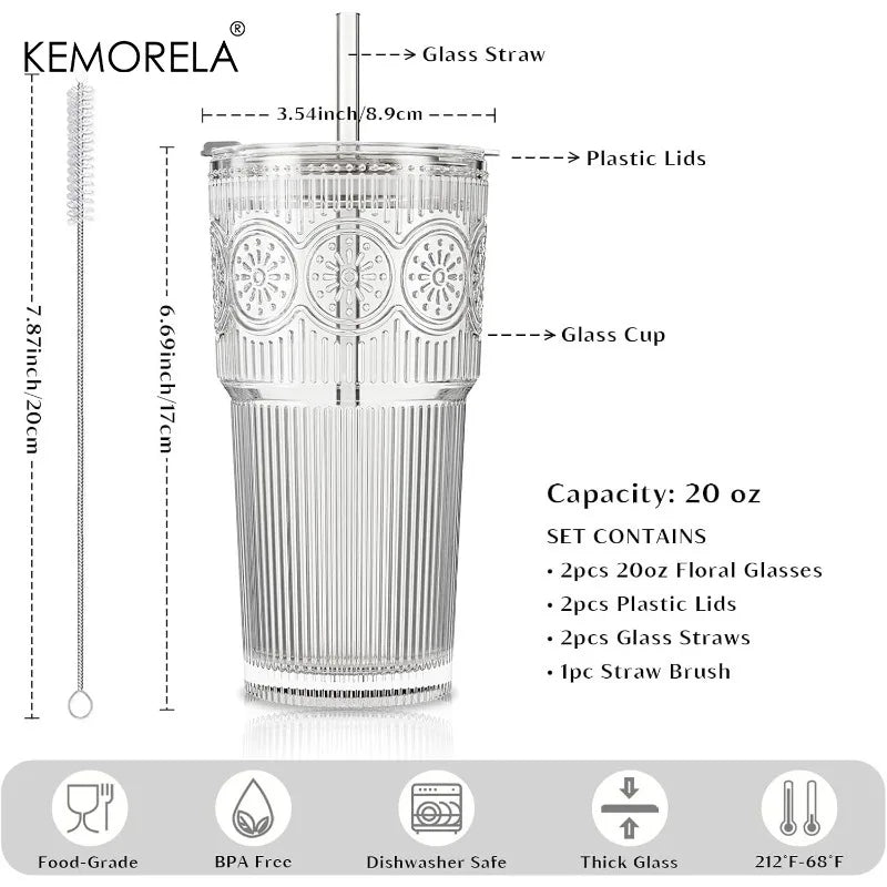 Ribbed & Floral Glass Cup with Lid & Straw 590ml | 1 or 2 Pack Glass Tumbler Set Axl