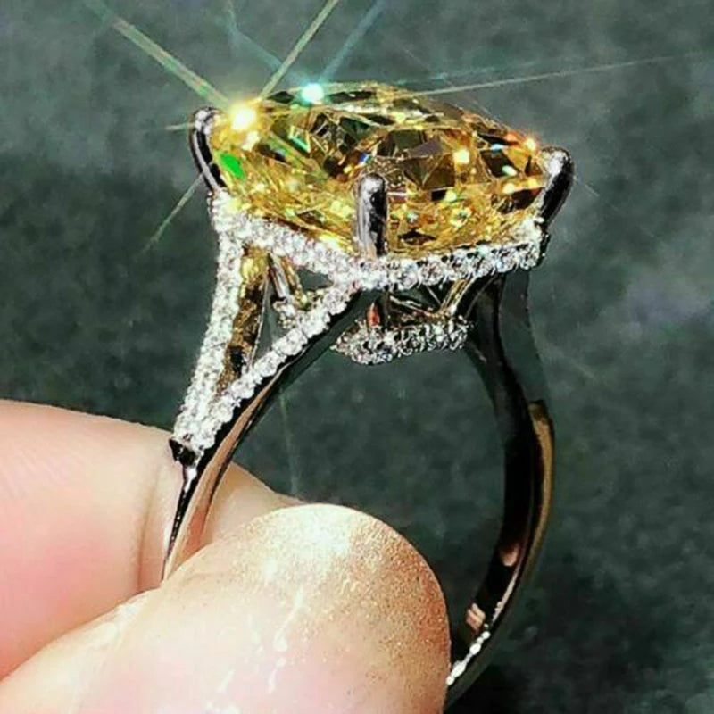 Huitan Yellow CZ Women's Ring | Silver-Tone Wedding Band CZ Fashion Ring Axl