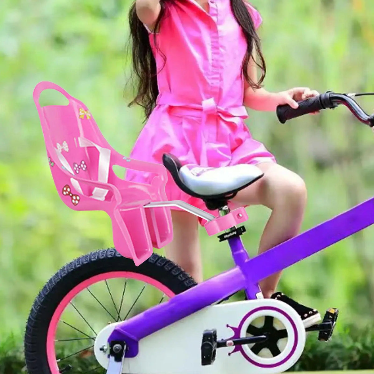 Girls Bike Doll Seat Carrier with DIY Decals – Pink & Purple Doll Bike Seat Axl
