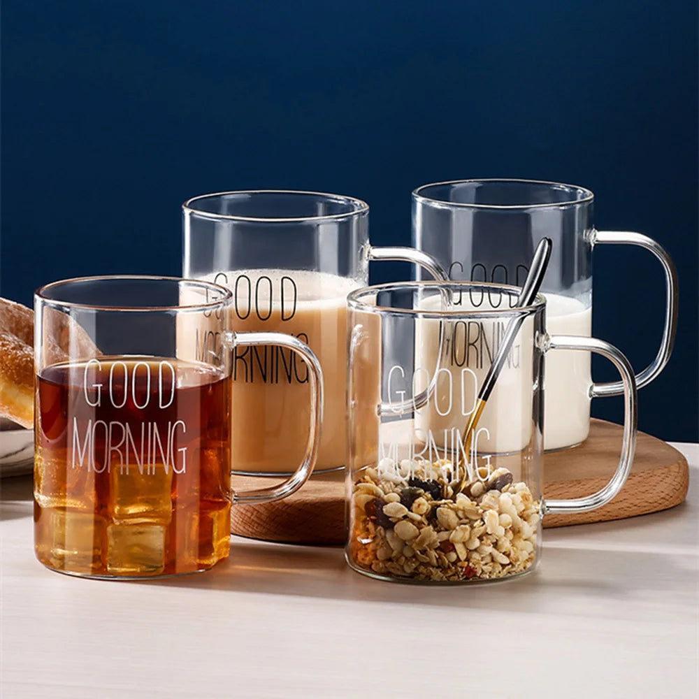 KEMORELA Good Morning Glass Mug – 400ml Transparent Breakfast Cup Glass Breakfast Mug Axl