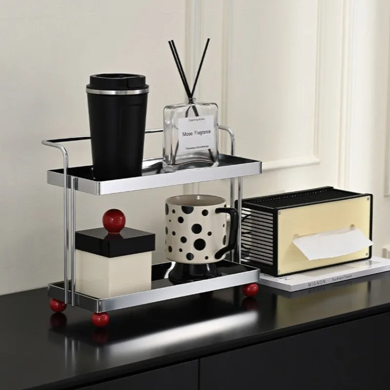 Double-Tier Cup & Cosmetics Organizer Rack – Metal & Wood Storage Organizer Rack Axl