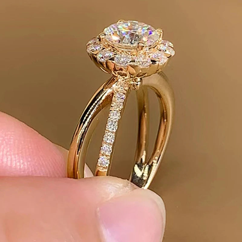 Huitan Gold Wedding Ring Women – CZ Crystal Pave Band Wedding Band Ring Axl