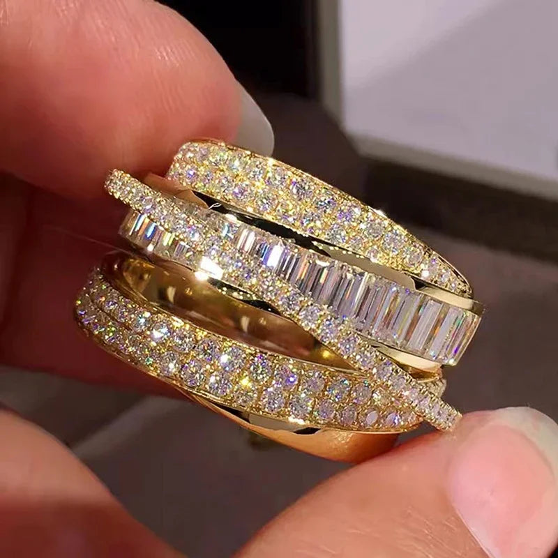 Huitan Gold CZ Pave Ring – Cubic Zirconia Engagement Jewelry Fashion Ring Axl