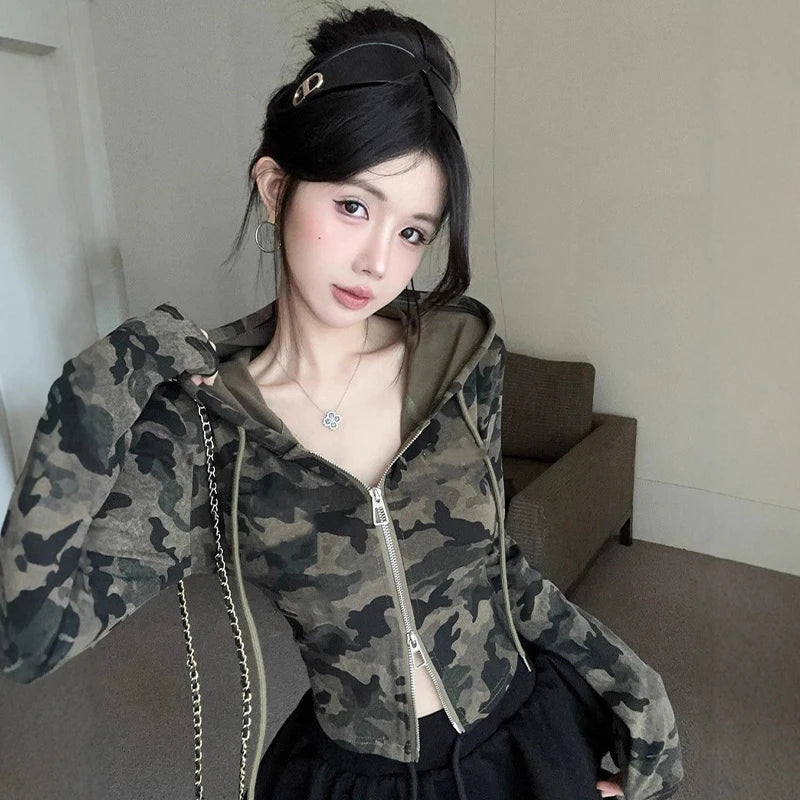 Women's Camo Hooded Crop Jacket – Zip Up Slim Fit Streetwear Crop Hoodie Jacket Axl