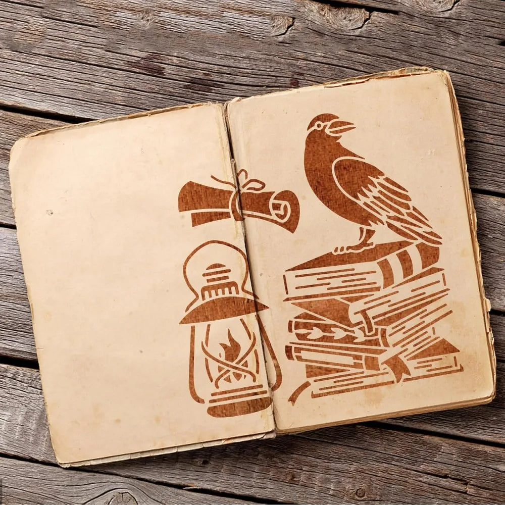 Crow & Book Stencil Set 11.8" – Raven, Candle & Pen Patterns Craft Stencil Set Axl