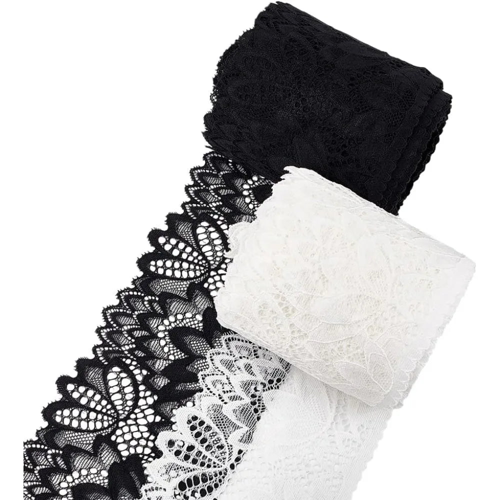 10 Yards Stretch Embroidery Lace Ribbon Trim – 4" Wide, Black & White Lace Ribbon Trim Axl AECH04-18054