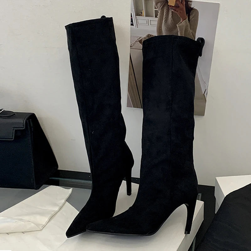Women's Slim Knee High Boots – Pointed Toe Thin Heel Knee High Boots Axl Black 35