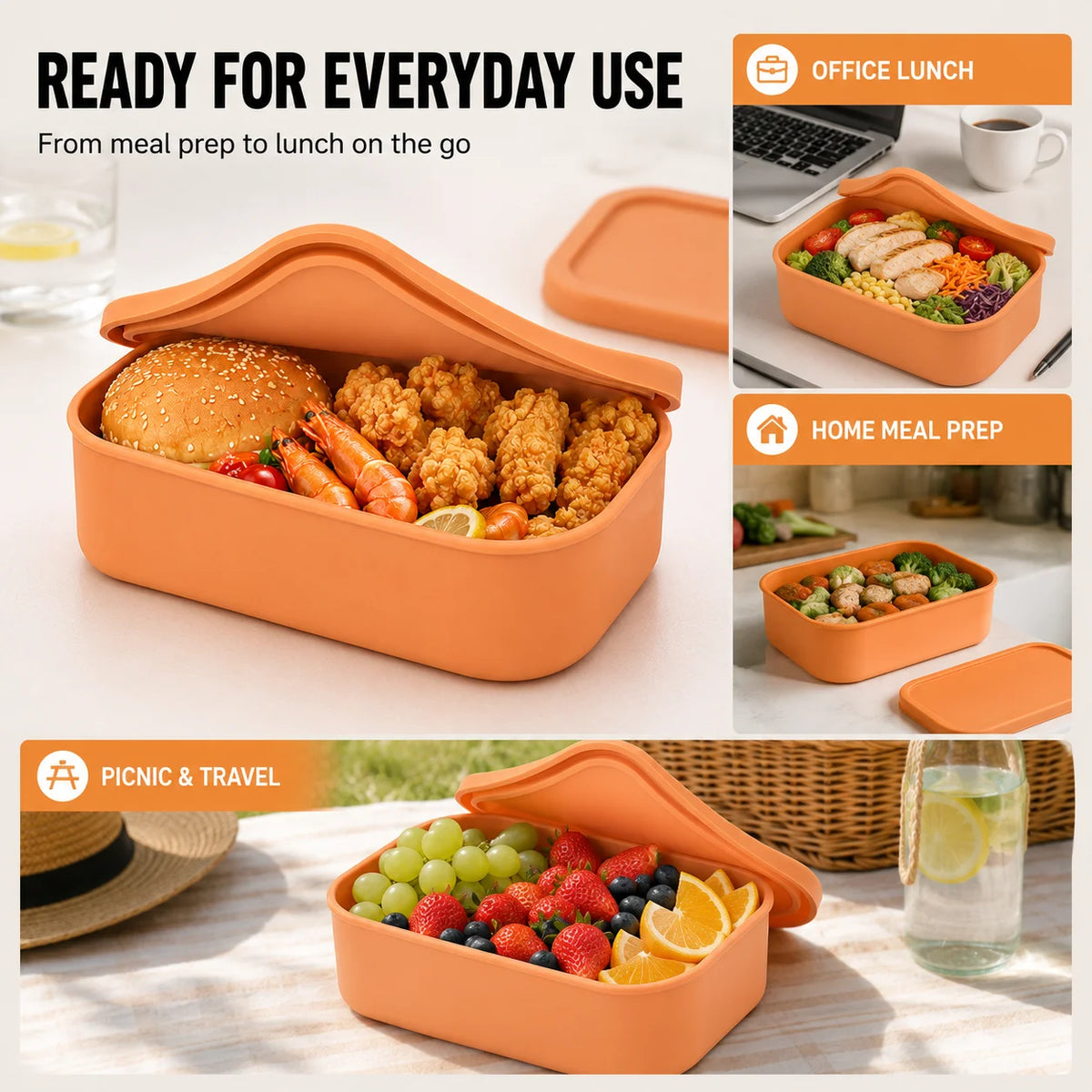 Uwhise 3-Piece Silicone Lunch Box Set | Microwave Safe 300–1300ml Silicone Lunch Box Set Axl