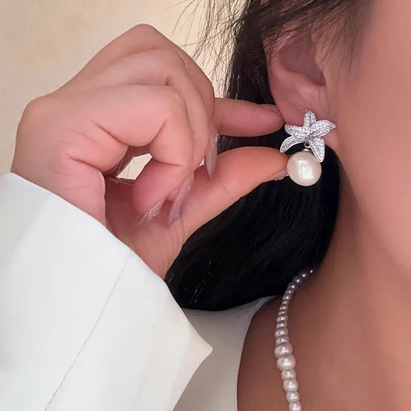 Huitan Flower Simulated Pearl Drop Earrings – Women's Fashion Pearl Drop Earrings Axl