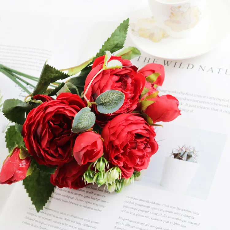 Silk Peony Bouquet – Artificial Flowers for Wedding & Home Decor Artificial Flower Bouquet Axl red