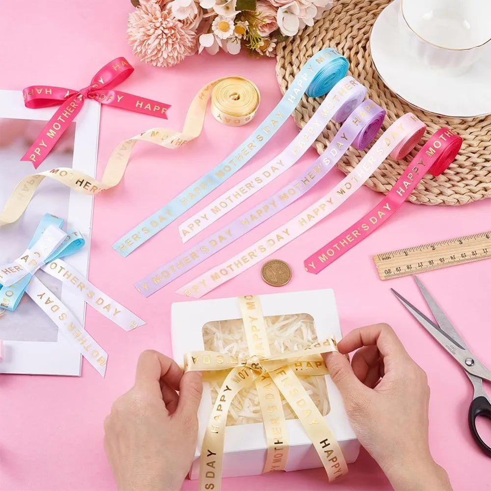 6-Roll Mother's Day Gold Stamping Polyester Ribbons – 6 Colors Decorative Craft Ribbon Axl