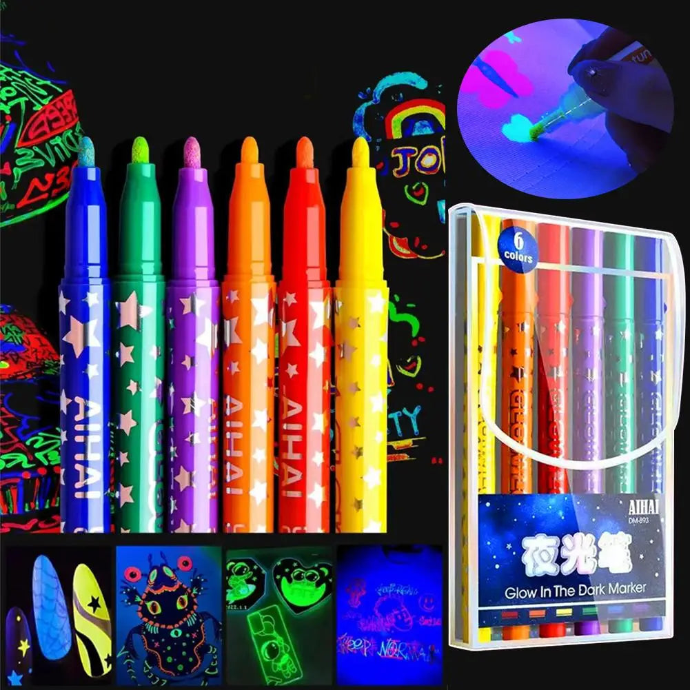 6-Color Glow in the Dark Neon Marker Pens | DIY Art & Crafts Glow Marker Set Axl