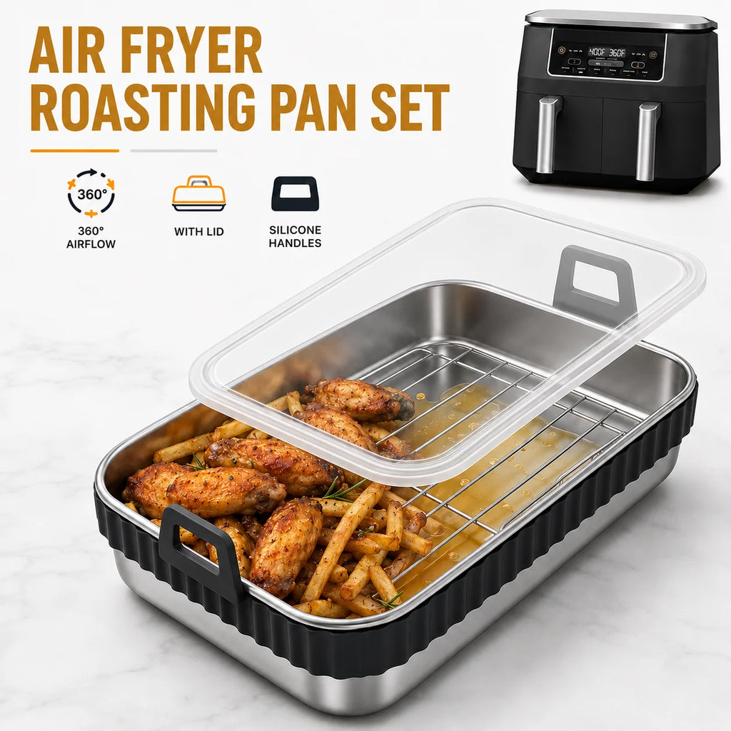Stainless Steel Air Fryer Roasting Pan Set with Rack & Lid Roasting Pan Set Axl