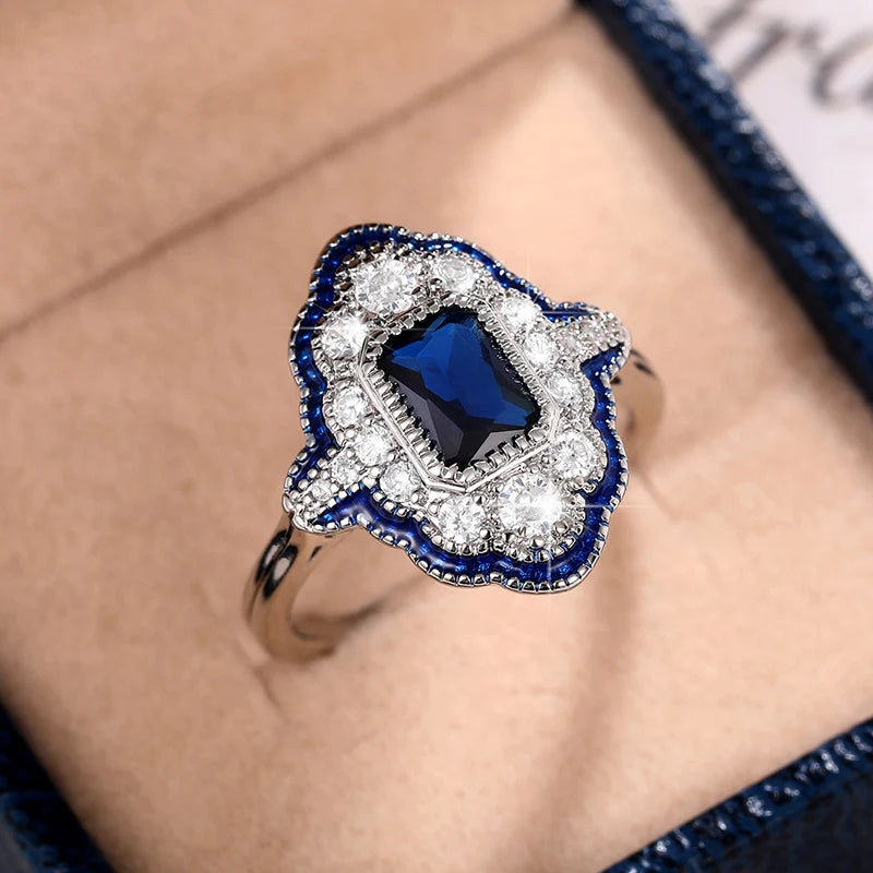 Huitan Blue Enamel Geometric Ring – CZ Vintage Women's Ring Fashion Ring Axl