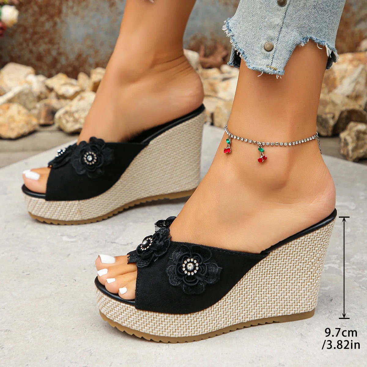 Women's Floral Wedge Platform Sandals | Roman Slip-On Heels Wedge Platform Sandals Axl black 2 38