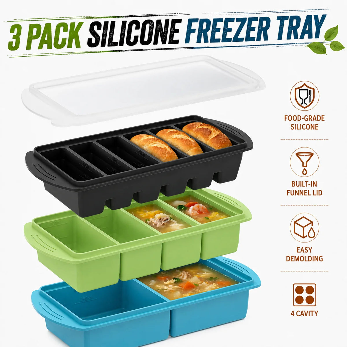 3-Pack Silicone Freezer Trays with Lids – 1 Cup Soup Molds Silicone Freezer Trays Axl