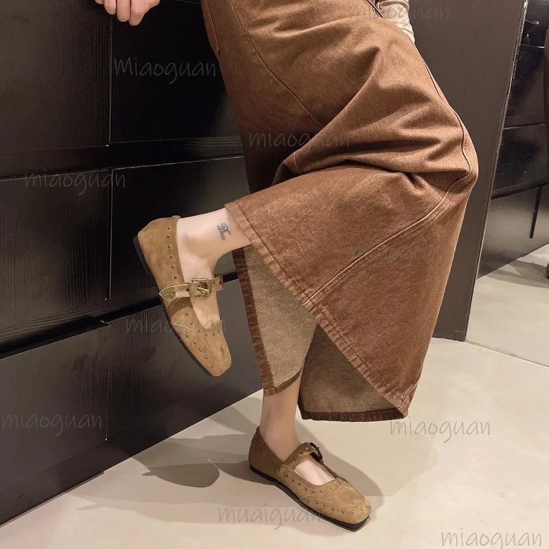 Retro Mary Jane Flats – Square Toe Buckle & Rivet Women's Shoes Women's Flat Shoes Axl