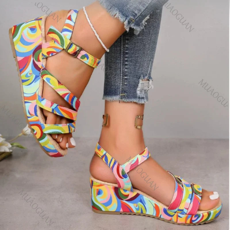 Women's Wedge Platform Sandals – Ethnic Print Roman Style Wedge Platform Sandals Axl MULTI 43