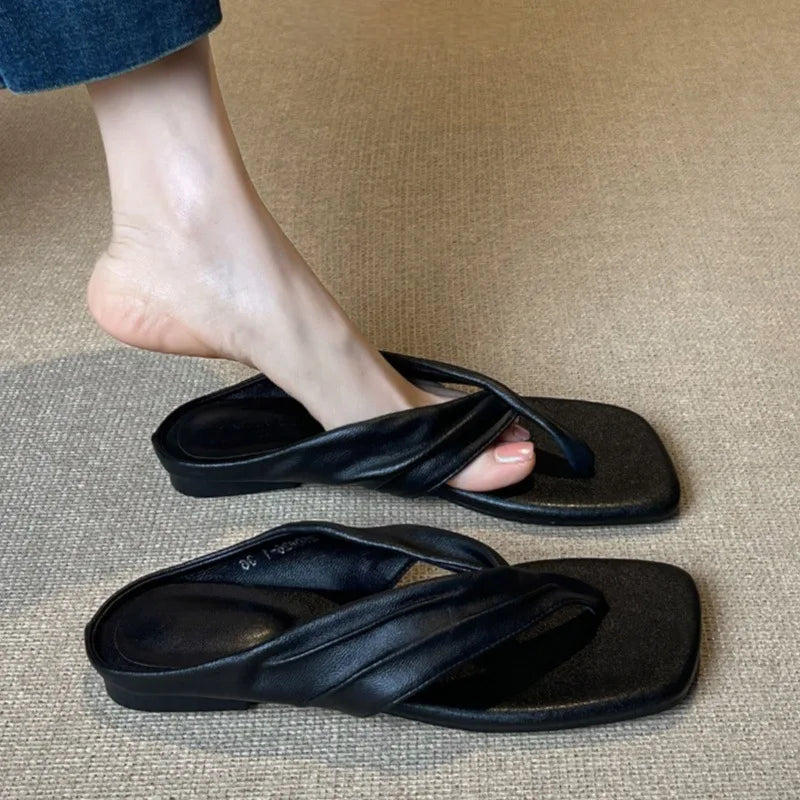 French Retro Women's Clip Toe Flat Sandals – Summer Flip Flops Women's Flat Sandals Axl Black 35