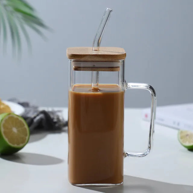 400ml Square Glass Mug with Lid & Straw | Microwave Safe Glass Mug Axl Transparent Handle 400ml