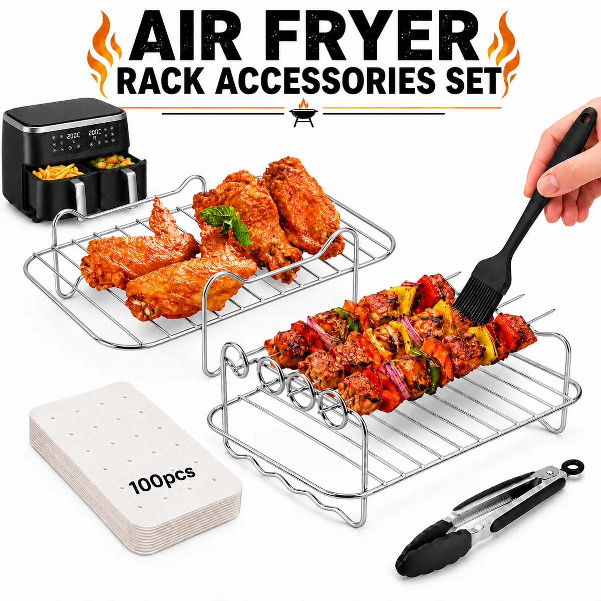 Dual Air Fryer Multi-Layer Rack with Skewers & Baking Paper Air Fryer Rack Set Axl
