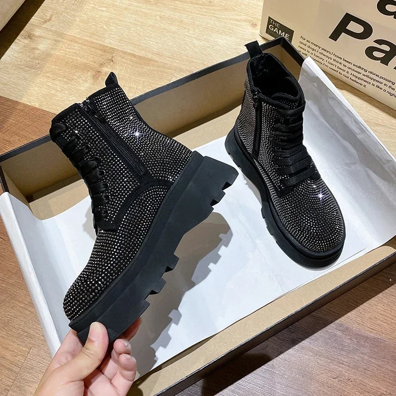 Women's Rhinestone Crystal Platform Ankle Boots | Winter Bling Platform Ankle Boots Axl black 35
