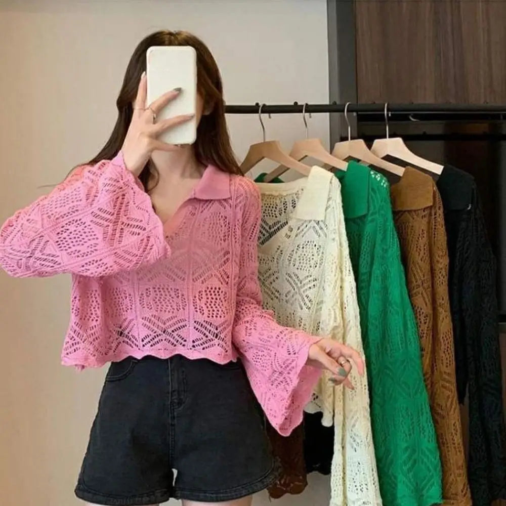 Women's V-Neck Crochet Hollow Knit Beach Top | Long Sleeve Crochet Knit Top Axl