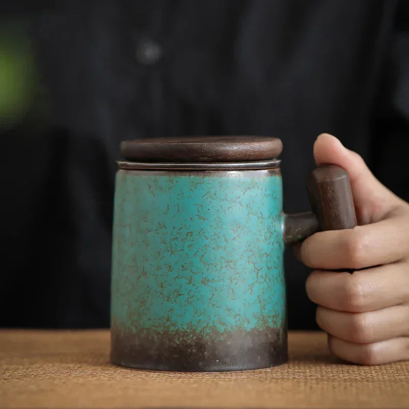 Retro Japanese Ceramic Mug with Lid & Wood Handle | Kiln Baked Ceramic Coffee Mug Axl