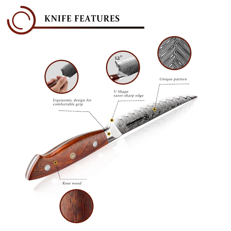 Grandsharp 5" AUS10 Damascus Steak Knife – Rosewood Handle Damascus Kitchen Knife Axl
