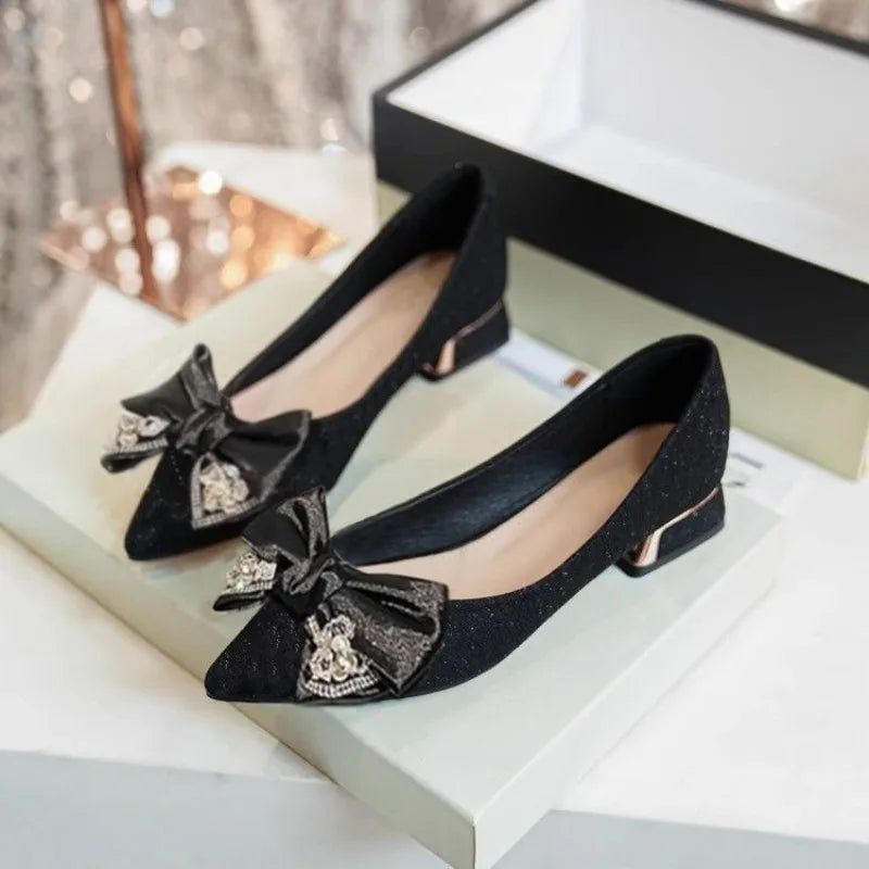 Women's Butterfly Knot Square Heel Pointed Toe Slip-On Shoes Square Heel Pumps Axl 38 black