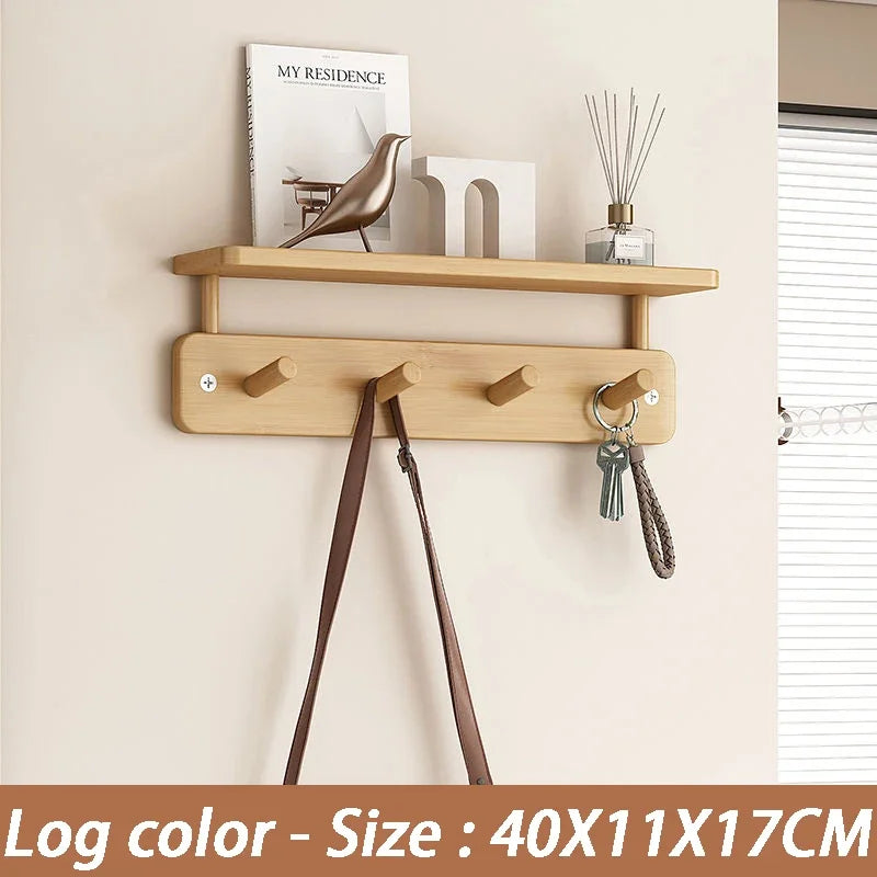 Wall Mounted Bamboo Coat Rack with Shelf & 8 Hooks Wall Coat Rack Axl Log Color-4 Hooks
