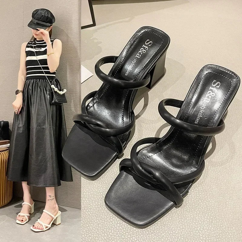 Women's Square Toe Chunky Mid-Heel Sandals | Pleated Strap Block Heel Sandals Axl