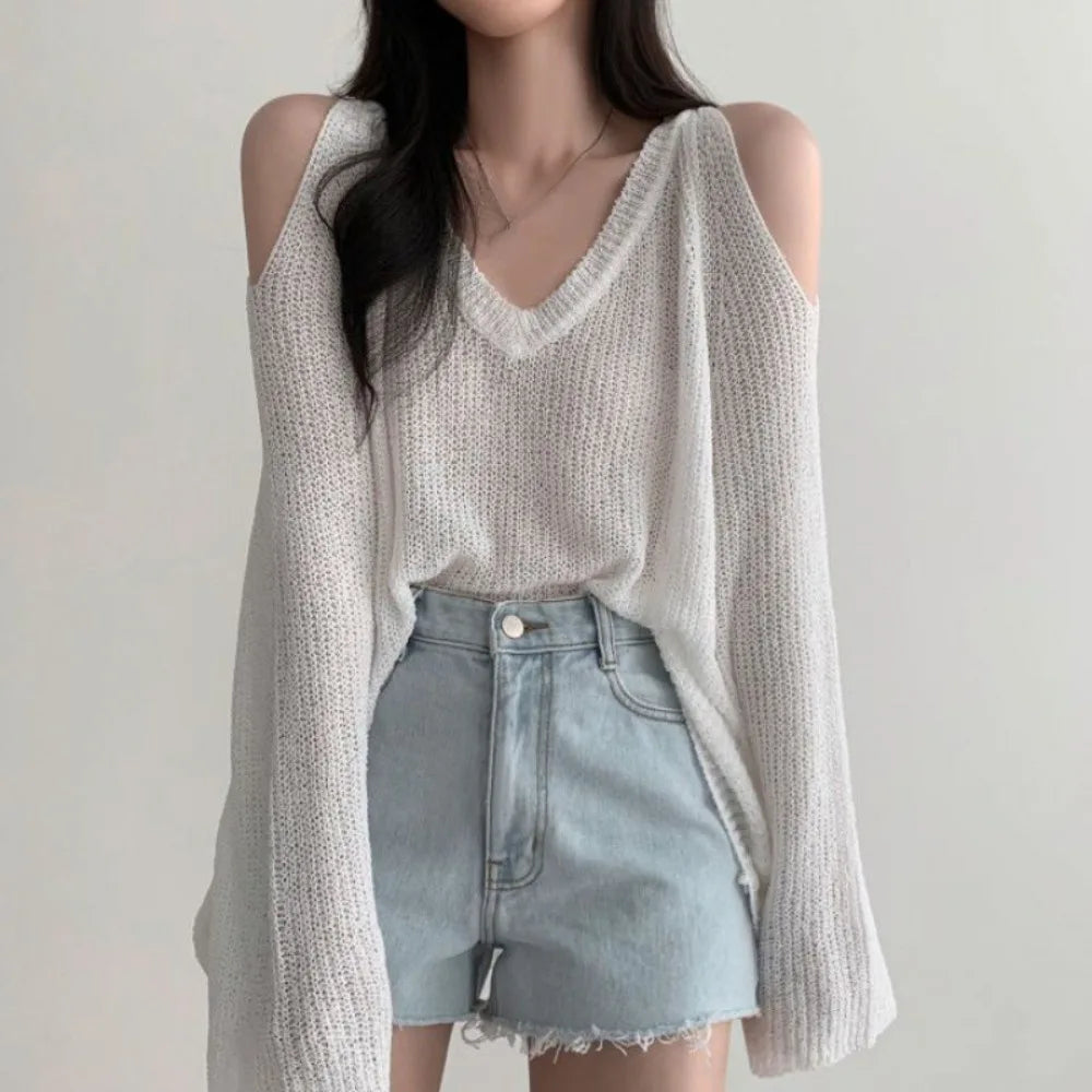Women's Hollow Knit Crochet Pullover – Loose V-Neck Long Top Knit Pullover Top Axl White One Size