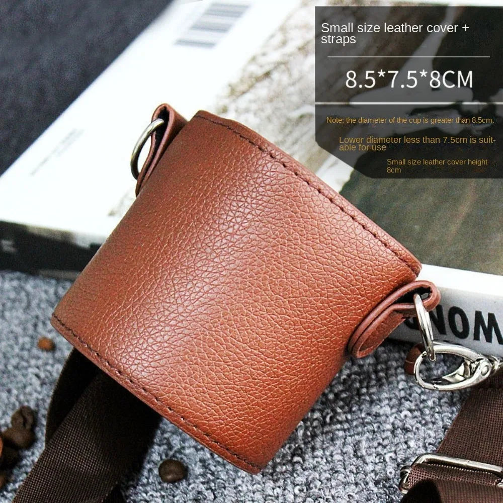 PU Leather Cup Holder Bag with Adjustable Shoulder Strap Leather Cup Carrier Bag Axl Dark Coffee-S