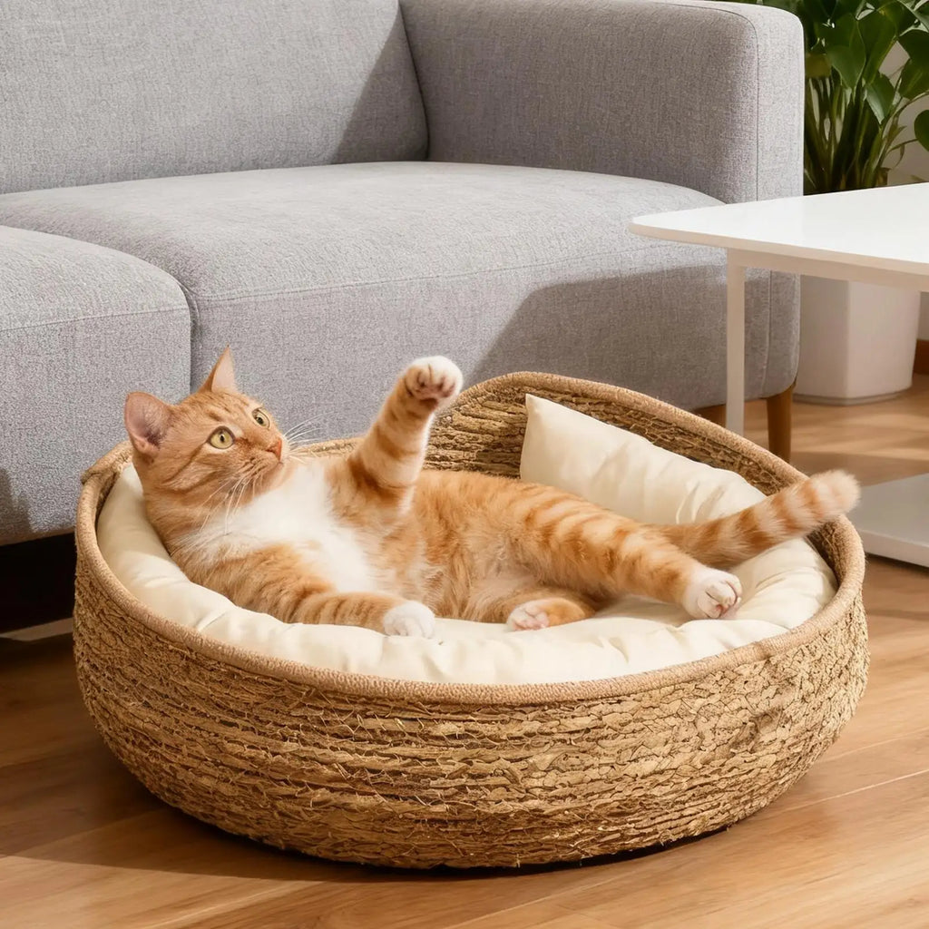 Cotton Rope Woven Cat Bed Cave – Round Kitten Nest with Pillow Cat Nest Bed Axl