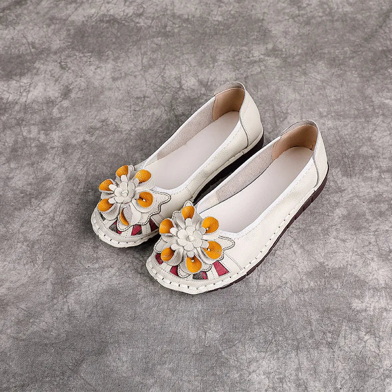 Lorilury Women's Handmade Floral Cowhide Leather Loafers Leather Flat Loafers Axl
