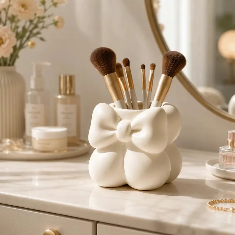 Cute Bow Ceramic Makeup Brush & Pen Organizer Cup – White Desk Organizer Cup Axl