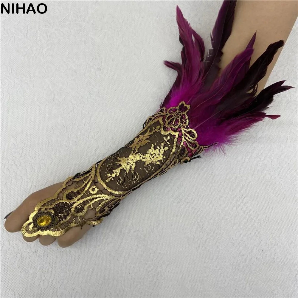 Women's Feather Lace Cuff Gloves – Halloween Costume Accessory Costume Feather Gloves Axl