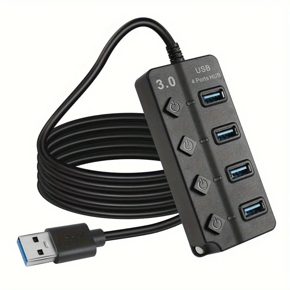4-Port USB 3.0 Hub 5Gbps with Switch & Long Cable USB Hub Axl Black